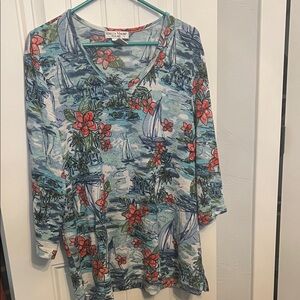 Rebecca Malone Plus Size 1X Blue and Red Floral Sailboat Embellished Top